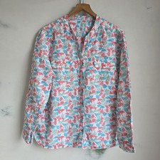 Artigiano Weekend Linen Cotton Shirt Size 18 Floral Ginkgo Leaf Print Blue White