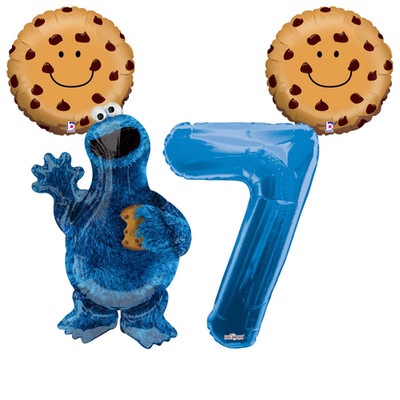 Cookie Monster 7th Birhtday Party Balloon Bouquet Sesame Street 4 Balloon Set