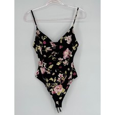 H M Black Sz L Floral Print Ruched One Piece Swimsuit Women's Adjustable Straps