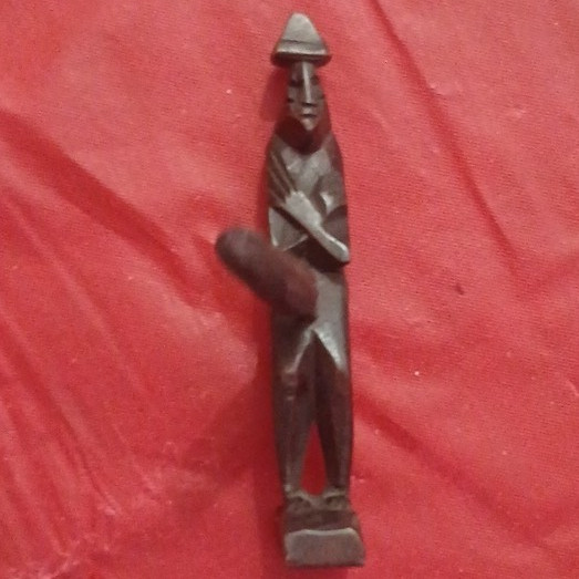 Carved Wooden Man Figurine Statue w/ Hat Holding Club, Brown Wood Grain