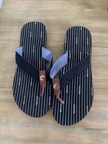 Tommy Hilfiger Black Stripe Flip Flops NWOT Womens Thong Summer Sandals - Picture 2 of 7