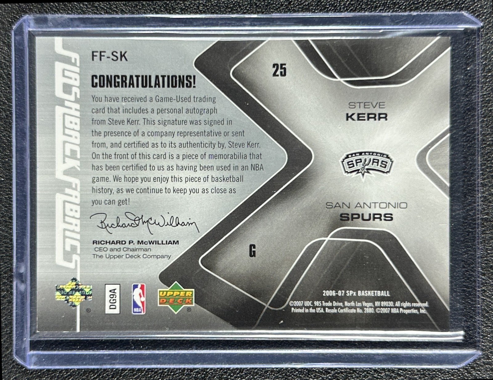 STEVE KERR 2006-07 SPX #FF-SK FLASHBACK FABRICS GAME USED JERSEY AUTO SPURS view 2