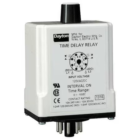 Dayton 1Egc7 Single Function Time Delay Relay, Octal, Interval, 1 Functions