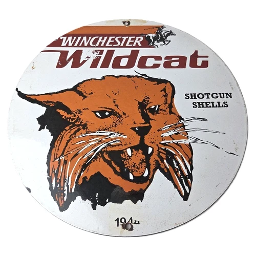 Vintage Winchester Porcelain Sign - Shot Gun Shells Wildcat Gas Pump Sign