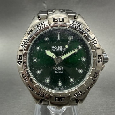Fossil Dive Watch Men 40mm Green Dial Silver Tone Round BQ-8775 New Battery