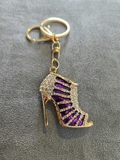 Gold White Crystal Stone  Purple Stiletto Heal Shoe Keychain