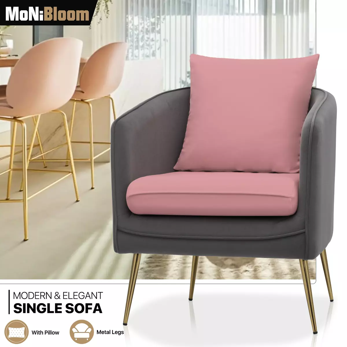 Suede Accent Chair Pink Detachable Cushion Single Sofa Upholstered