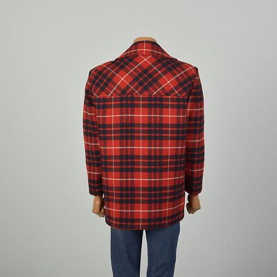 46L Large 1950s Red Plaid Coat Lumberjack Pendleton Wool Lined