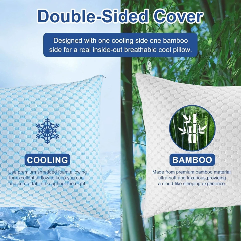 100% Shredded Memory Foam Pillow Firm pillows with 2 Comfort Zones Cooling & Bam - Image 3 of 4