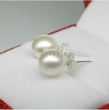 Glossy White Freshwater Natural Pearl 6-10MM Stud Earrings 925 Sterling Silver