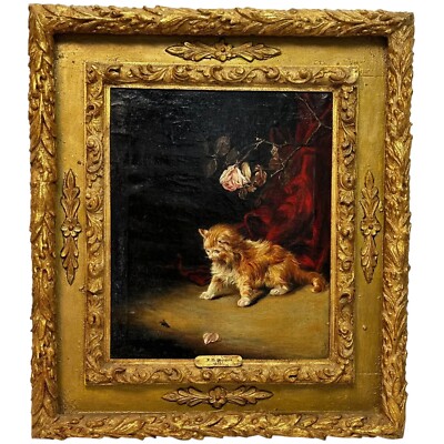Oil Painting Kitten Patience Hunting Fly By Francisco José Domingo y Marqués