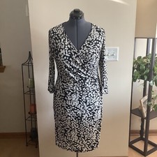 Chaps Black And White Patterned Stretch Sheath Dress With 3/4 Sleeves, Size L