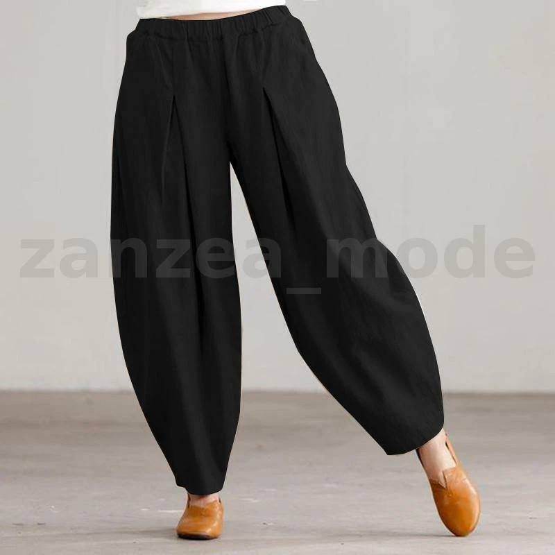 Pantalones harén Bloomers de pierna ancha para mujer Pantalones de algodón liso Pantalones de globo Foto 3 de 4