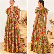 NEW FARM Rio Macaw Leaves Flutter-Sleeve Tiered Maxi Dress Size S