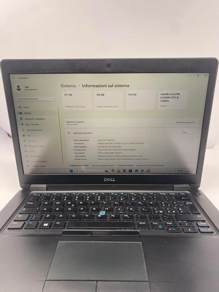 DELL LATITUDE 5490 14" i5-8350U RAM 16GB SSD 512GB FHD W11 PRO - Immagine 2 di 4