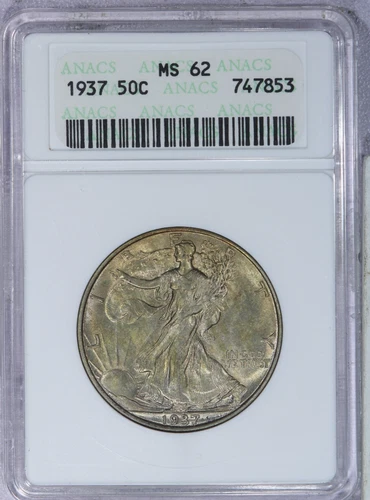 1937 Walking Liberty Half Dollar 50c ANACS MS62 -  Pretty Color Old Holder!