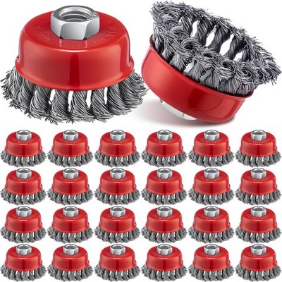 Tandefio 24 Pcs 3 Inch Wire Wheel Cup Brush with 5/8''-11 Threaded 3 Inch, red 