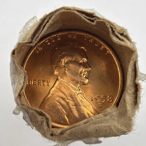 1958 D Lincoln Wheat Cent Penny 50 Coin Roll BU Uncirculated OBW Chase Manhattan