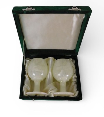 Vintage White Onyx Goblets Set of 2 w/ Green Velvet Box