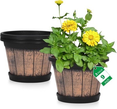 Set of 3 Wooden Whisky Cask Planters - Lid & Drain Holes - Patio Decor