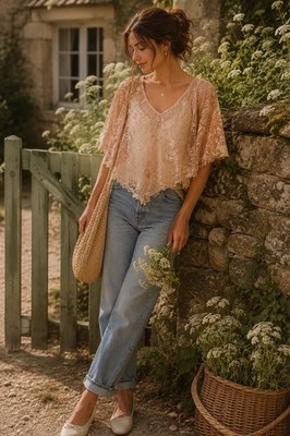 Tulip B Peach Lace Romantic Cropped Top, Retro Cottagecore X-Large