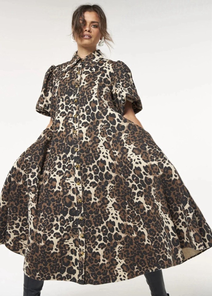LABOHEMEGIRLS Leopard Denim Peyton Midi Dress Collared Pockets M/L