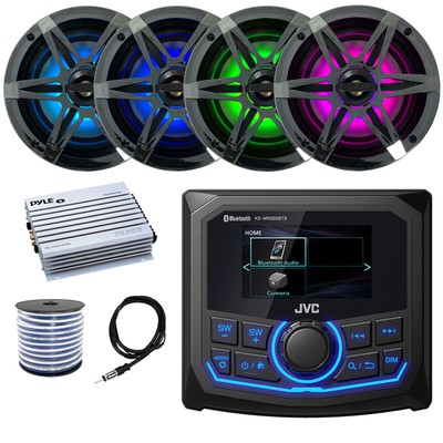 JVC KD-MR305BTS Receiver, 4x 6.5'' LED Speaker w/Chrome Grille, Amp, Antenna,Wire