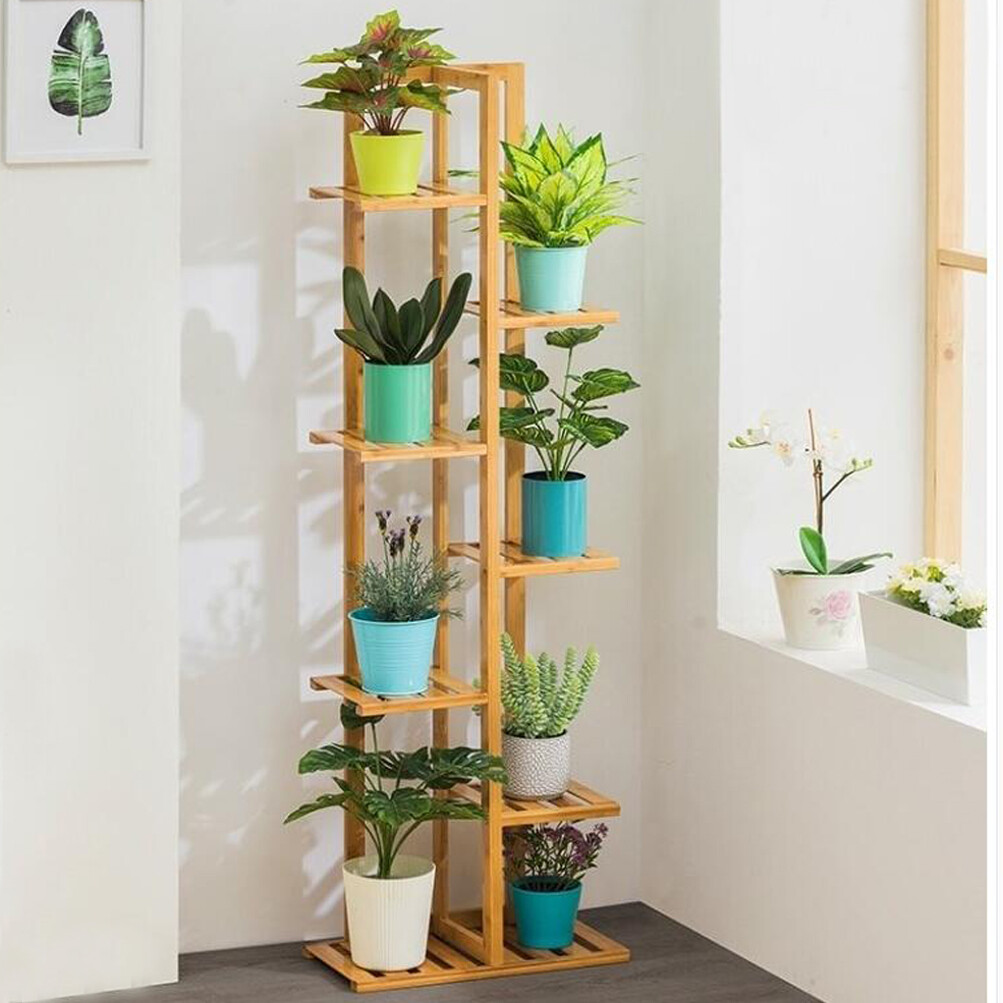Bamboo Vertical Plant Stand High Low Shelves Flower Rack Display Indoor