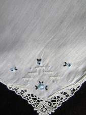 Vintage Embroidery Hankie White Blue Emb Handkerchief Hanky 1357