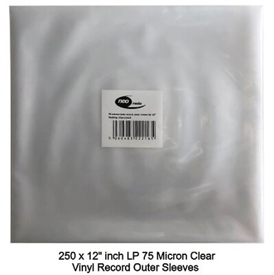 250 x 12'' LP Schallplatte 75 Mikron Vinyl LPDE äußere durchsichtige Hüllen Kunststoff Brieftaschen neu