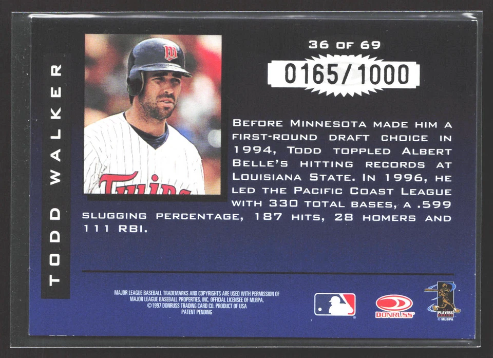 Todd Walker 1997 Donruss Limited Fabric of the Game # SN #/1000 Minnesota Twins - Image 2 of 2