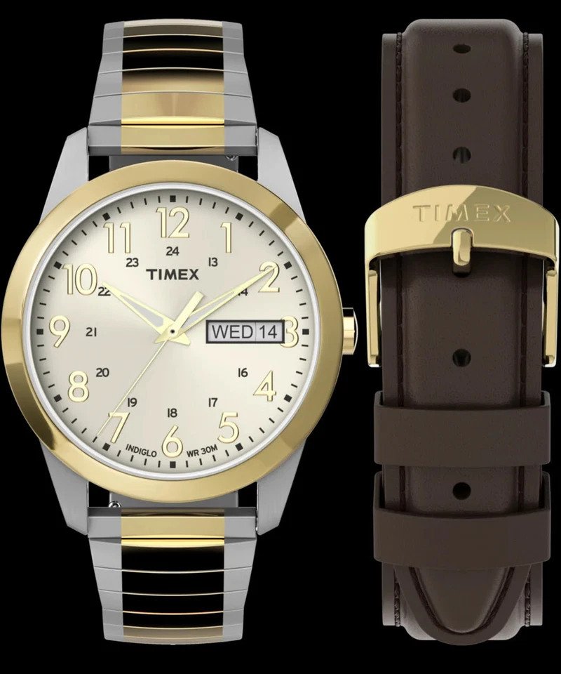 Timex Men's South Street 36MM Watch Indiglo Day-Date Set Of 2 Expansion/ Leather