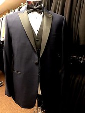 New Navy 40R Midnight Blue Black Peak Lapel Tuxedo Slim Fit FREE Vest Bow Tux