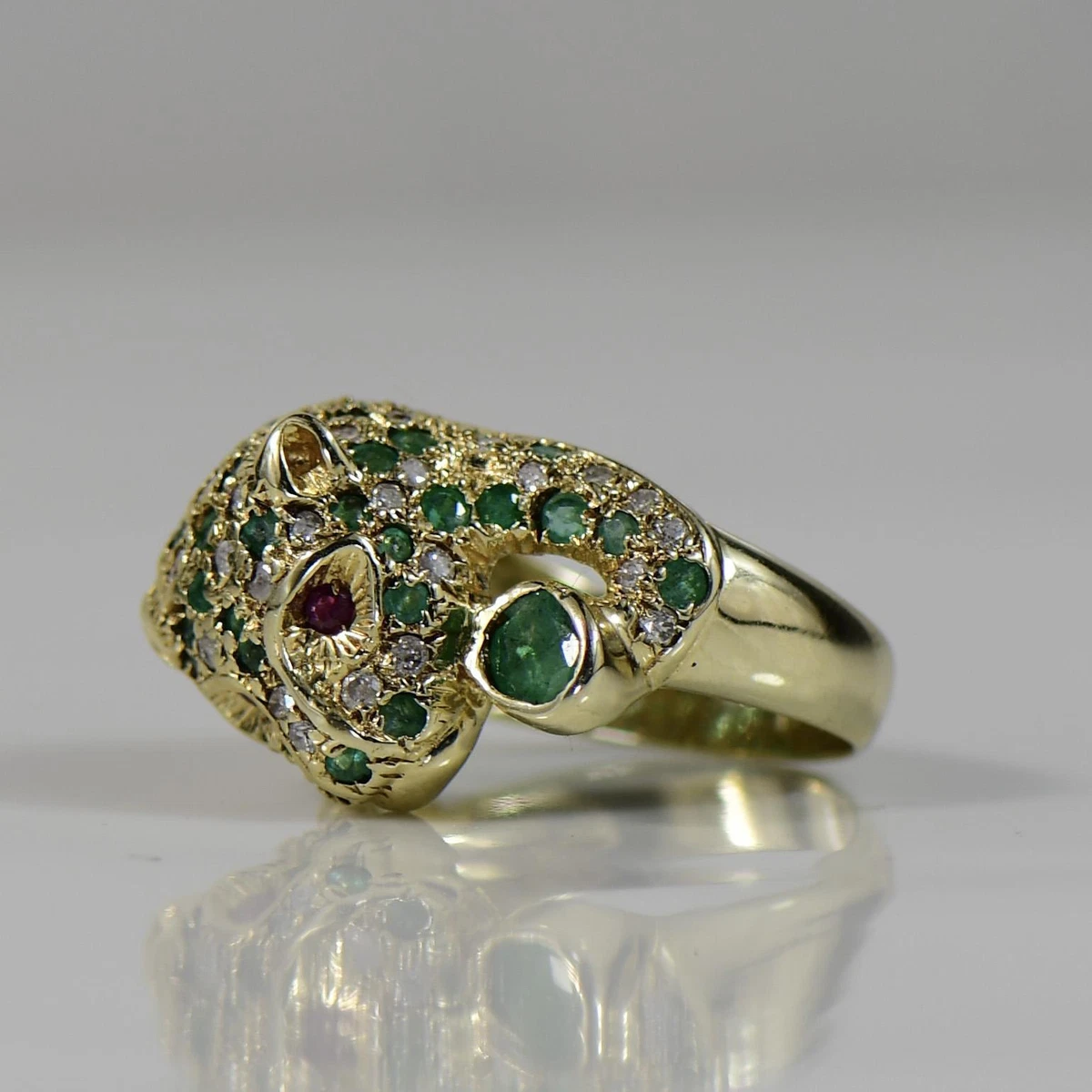Jaguar Cat w Emerald Diamond Ruby Pave 3d 14K Gold Ring eBay