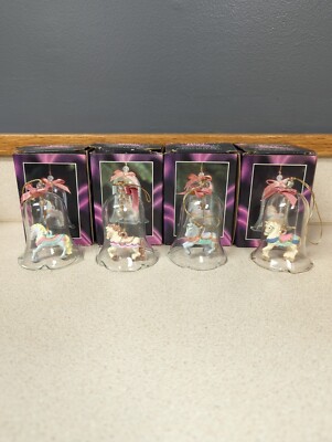 Collectable Crystal Carrousel Bell Ornament Hand Painted Porcelain Bisque Horse 