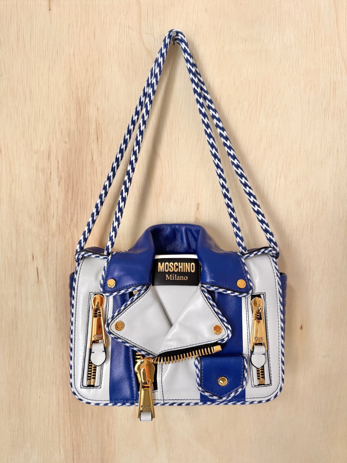 SS23 MOSCHINO Couture Jeremy Scott White Blue Capsule Biker Jacket Shoulder Bag image 2