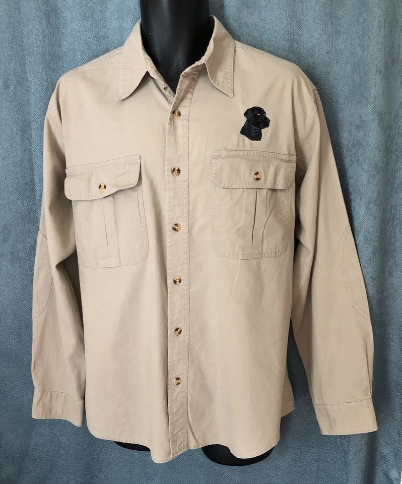 Camisa vintage Cabela's caça cáqui botão para cima preta logotipo bordado cachorro laboratório - Imagem 3 de 4