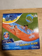 H2OGO Double Water Slide 16' Drench Pool Built in Sprinklers Slippery Slip