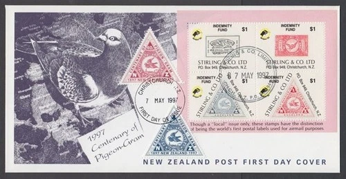 NEW ZEALAND 1997 CENT OF PIGEONGRAM STAMPS & CINDERELLA M/S FDC (ID:014/D66625)