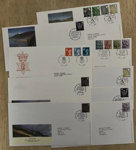 2000-02 GB FDC x9 England, Scotland, Wales, N Ireland Definitive Stamps