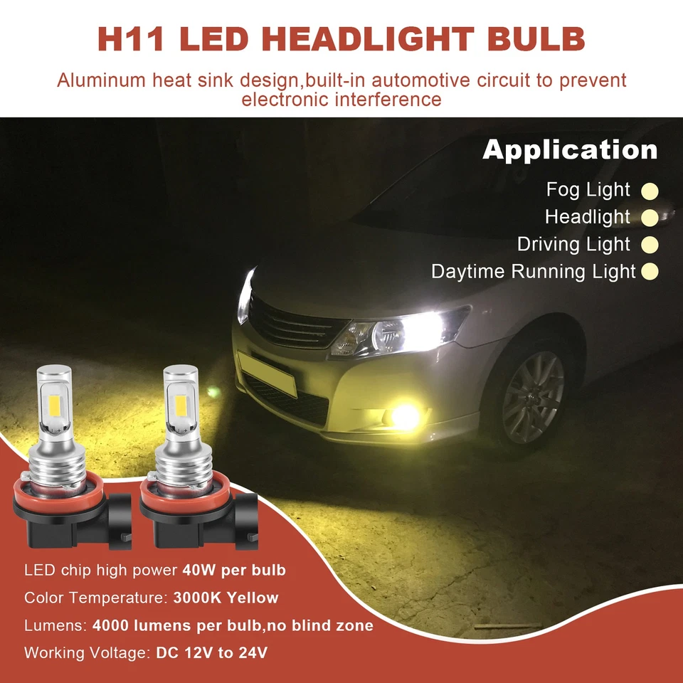H11 H8 H16 80W 4000LM 3000K Yellow Tech LED Fog Lights Conversion Bulbs Kit J2E4 - Image 2 of 4