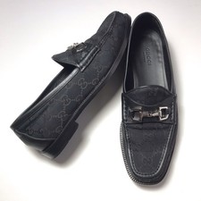 Gucci Black GG Monogram Silver Art Deco Horsebit Canvas Leather Loafers 36.5