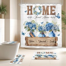 4PCS Blue Hydrangea Shower Curtain Set Farmhouse Bathroom Set with Rugs