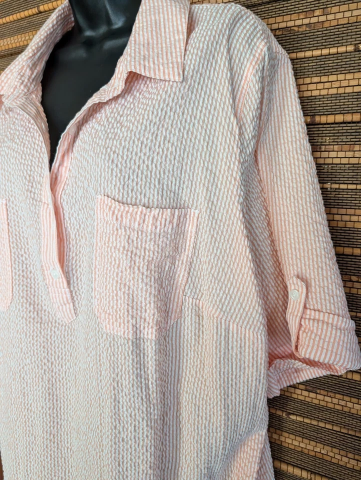 Vintage Y2K Karen Scott 2X Peach White Seersucker Button Down Midi Dress Pockets - Image 4 of 4