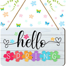 Hello Spring Door Sign Colorful Flowers Spring Decoration Wood Farmhouse Welcome