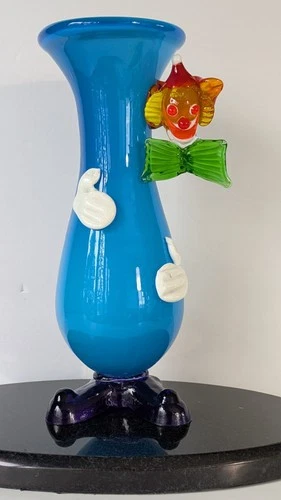 VNTG Murano Glass Clown Footed Vase, Applied Head/Hands, Italy, Sky Blue Lovely!