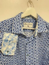 ROBERT GRAHAM Blue Flip Cuff button up Shirt Cotton Linen AOP Geometric Large L
