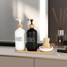 Kitchen Soap Dispenser Set Glass Bottle with Bamboo Tray  Cleaning Brush