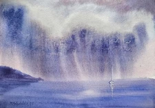 Original Painting Landscape Artwork Modern BOAT LONELY FISHERMAN Seascape GiftA5