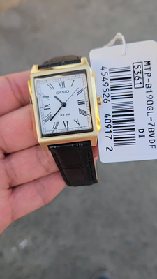 Casio MTP-B190GL-7BVDF Gold Rectangle Roman Dial Leather Strap 50M